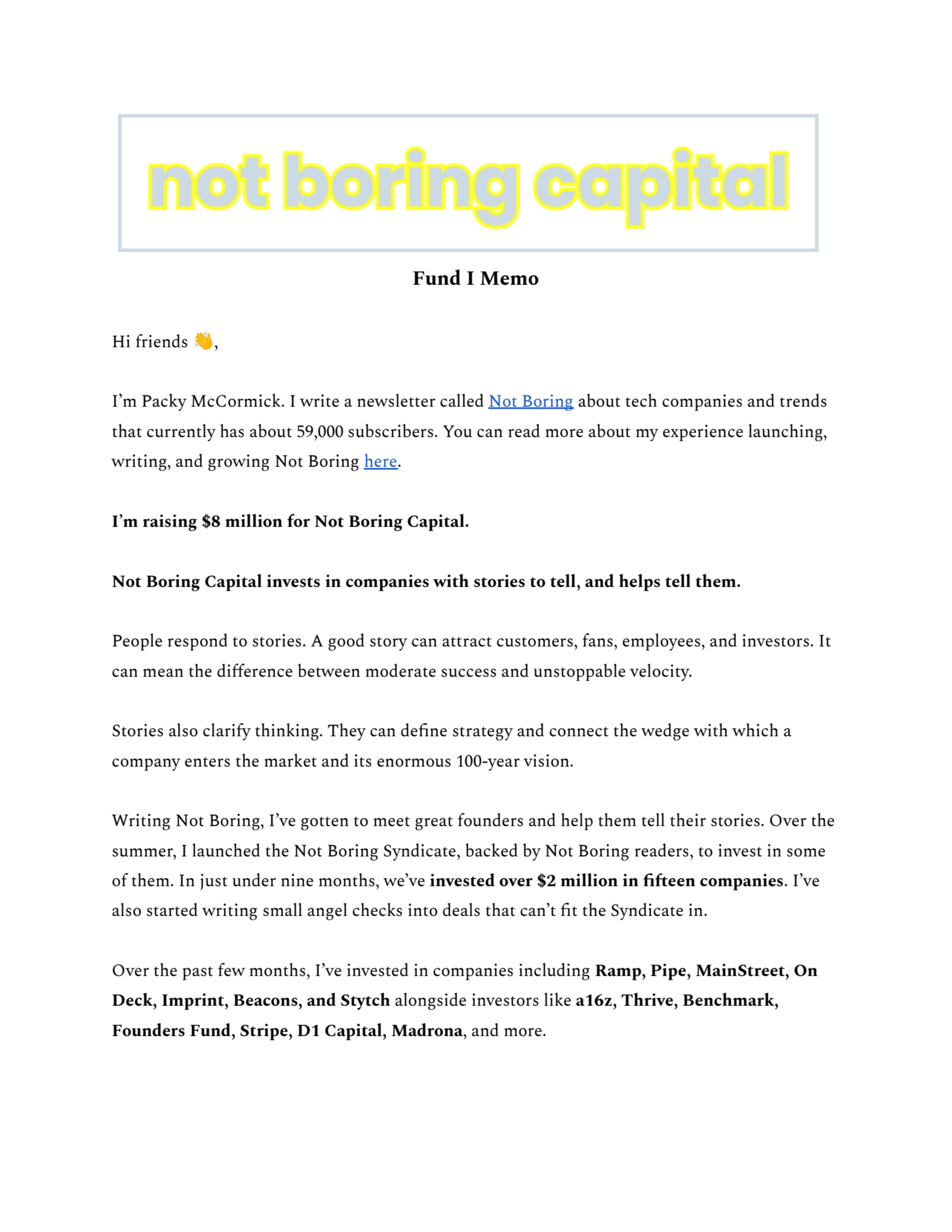 Not Boring Capital Fund I pitch deck cover